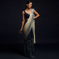 Navy Blue Ready Pleated Saree In Milano And Beads Embellished Net With Shaded Sequins Pallu Online - Kalki Fashion