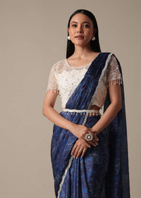 Navy Blue Ready Pleated Saree With Stitched Blouse