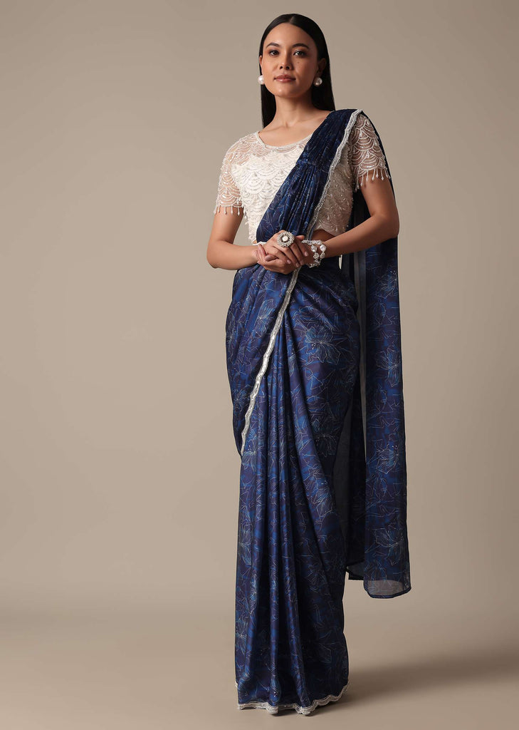 Navy Blue Ready Pleated Saree With Stitched Blouse