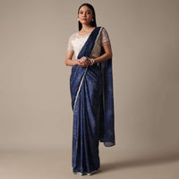 Navy Blue Ready Pleated Saree With Stitched Blouse