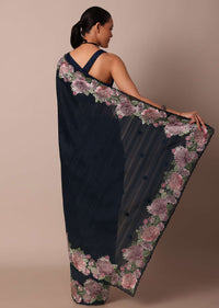 Navy Blue Saree Adorned With Resham Thread Work