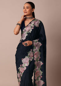 Navy Blue Saree Adorned With Resham Thread Work