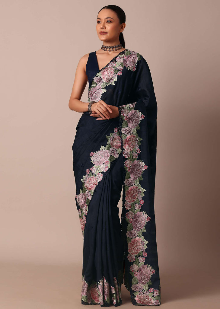 Navy Blue Saree Adorned With Resham Thread Work