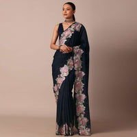 Navy Blue Saree Adorned With Resham Thread Work