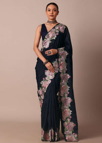 Navy Blue Saree Adorned With Resham Thread Work