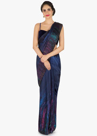 Navy blue saree in printed satin with kundan border only on Kalki