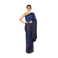 Navy blue saree in printed satin with kundan border only on Kalki