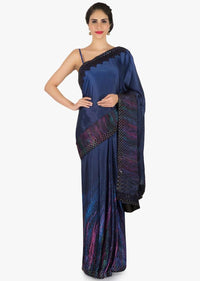 Navy blue saree in printed satin with kundan border only on Kalki