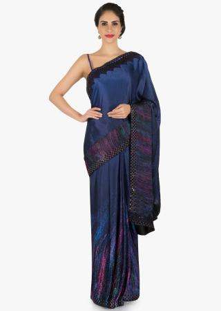 Navy blue saree in printed satin with kundan border only on Kalki