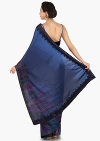 Navy blue saree in printed satin with kundan border only on Kalki