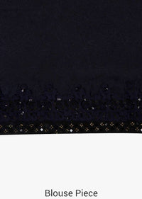 Navy blue saree in printed satin with kundan border only on Kalki