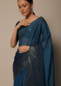 Navy Blue Saree With Badla Work And Unstitched Blouse Piece
