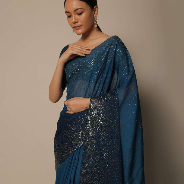 Navy Blue Saree With Badla Work And Unstitched Blouse Piece