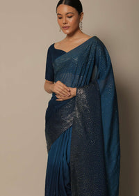 Navy Blue Saree With Badla Work And Unstitched Blouse Piece