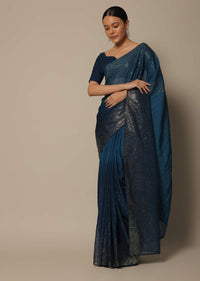 Navy Blue Saree With Badla Work And Unstitched Blouse Piece