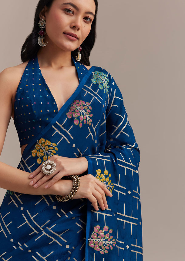 Navy Blue Saree With Leaf Motif Woven Design