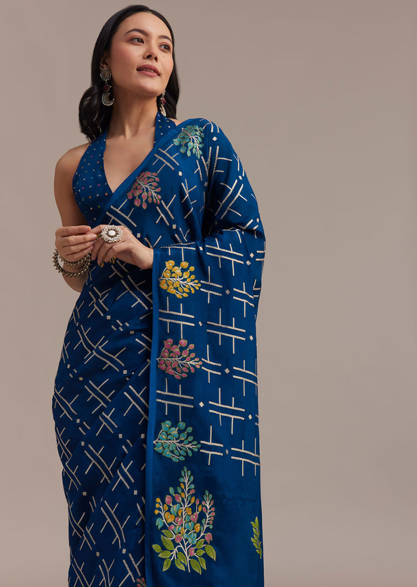 Navy Blue Saree With Leaf Motif Woven Design