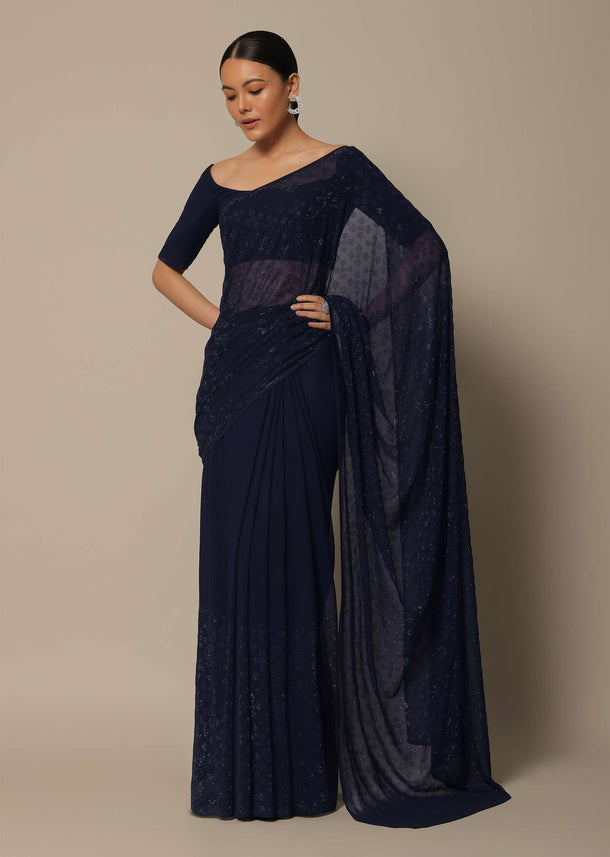 Navy Blue Saree With Swarovski Studs And Unstitched Blouse Piece