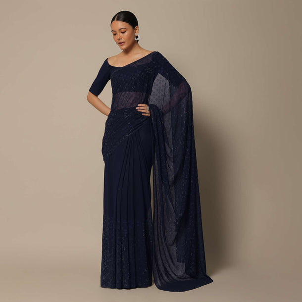 Navy Blue Saree With Swarovski Studs And Unstitched Blouse Piece