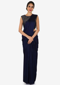 Navy Blue Pre-Draped Saree In Satin Beautified With Cut Dana Work Online - Kalki Fashion