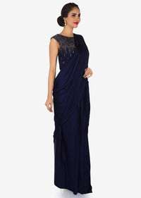 Navy Blue Pre-Draped Saree In Satin Beautified With Cut Dana Work Online - Kalki Fashion