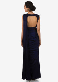 Navy Blue Pre-Draped Saree In Satin Beautified With Cut Dana Work Online - Kalki Fashion