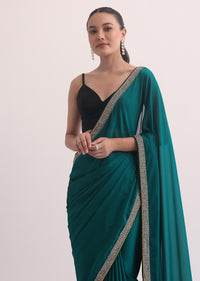 Navy Blue Satin Saree In Mirror Embroidery With Unstitched Blouse