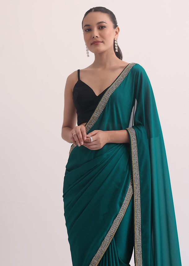 Navy Blue Satin Saree In Mirror Embroidery With Unstitched Blouse