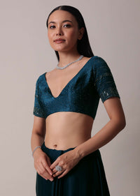 Navy Blue Satin Saree With Swarovski And Unstitched Blouse Piece