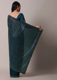 Navy Blue Satin Saree With Swarovski And Unstitched Blouse Piece