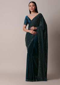 Navy Blue Satin Saree With Swarovski And Unstitched Blouse Piece