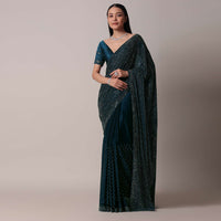 Navy Blue Satin Saree With Swarovski And Unstitched Blouse Piece