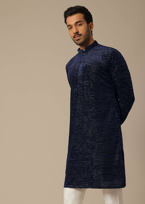 Navy Blue Sequin Embroidered Kurta Set In Silk