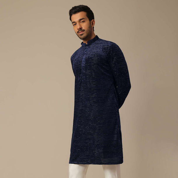 Navy Blue Sequin Embroidered Kurta Set In Silk