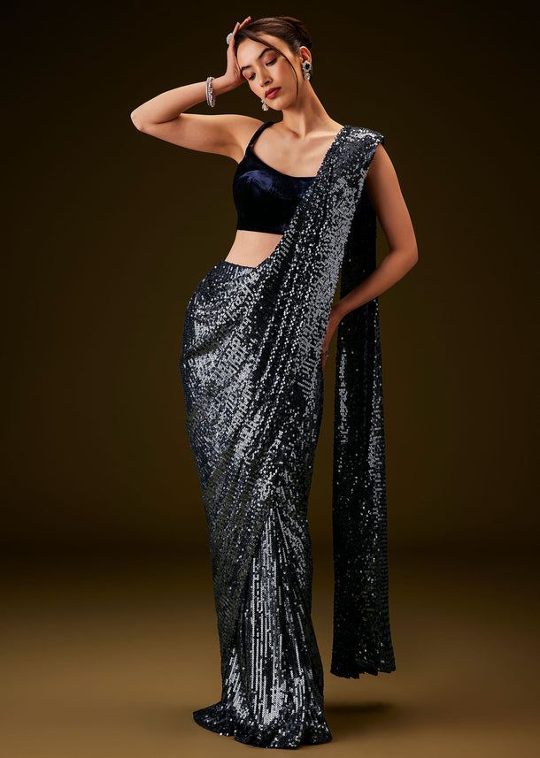 Navy Blue Sequin Velvet Saree