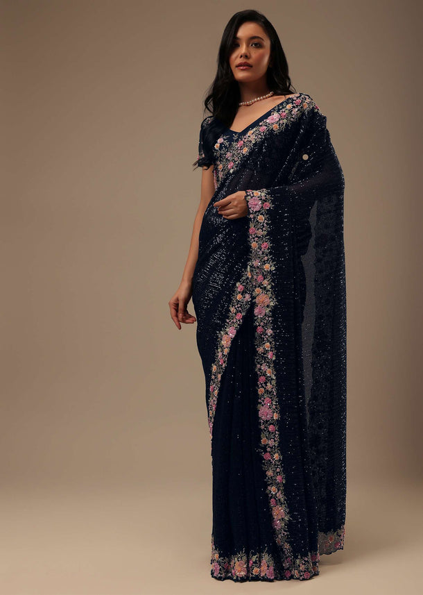 Navy Blue Sequins Fabricated Saree With 3D Embroidery