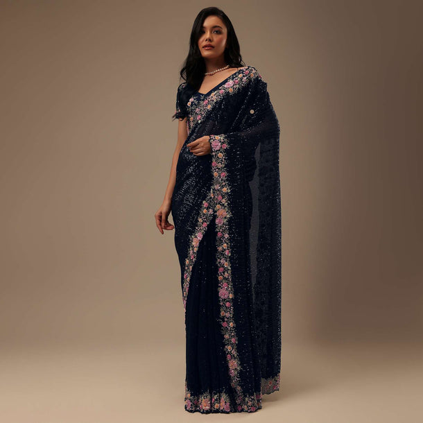 Navy Blue Sequins Fabricated Saree With 3D Embroidery