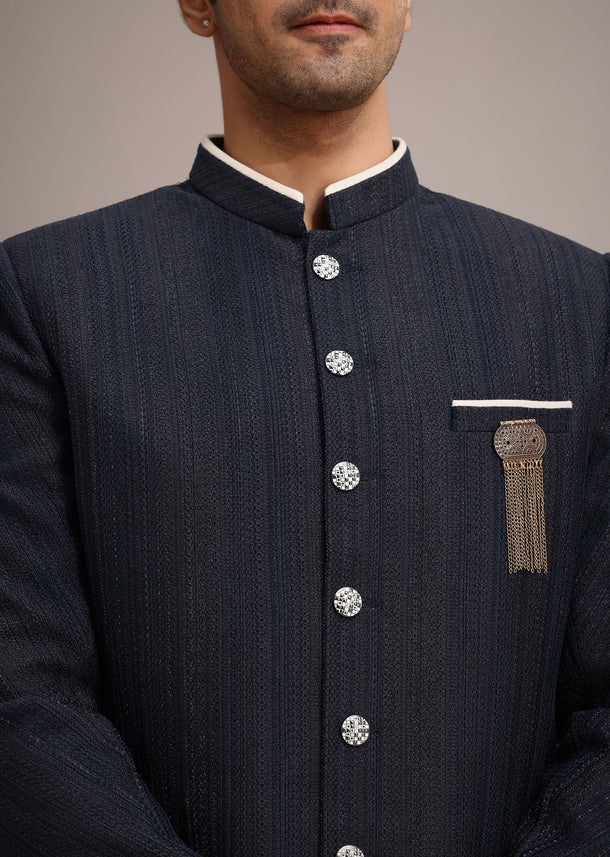 Navy Blue Sherwani Set In Silk