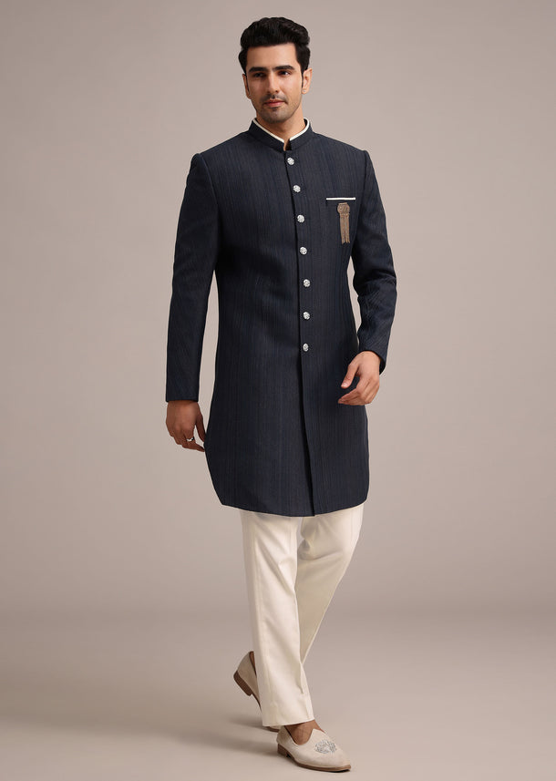 Navy Blue Sherwani Set In Silk