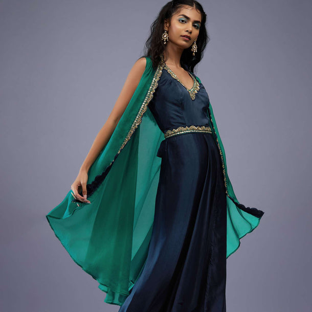 Navy Blue Silk Embroidered Dhoti Jumpsuit With Emerald Green Organza Shrug