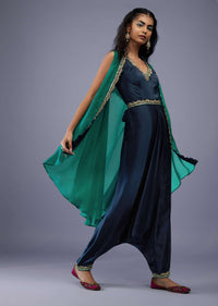 Navy Blue Silk Embroidered Dhoti Jumpsuit With Emerald Green Organza Shrug