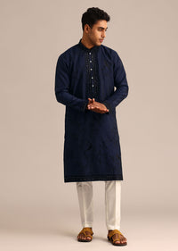 Navy Blue Silk Embroidered Kurta Set