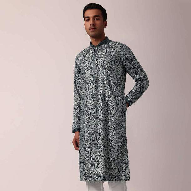 Navy Blue Silk Kurta Set For Men