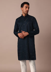 Navy Blue Silk Kurta Set With Hand Work