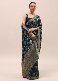 Navy Blue Silk Saree In Butta Work With Unstitched Blouse
