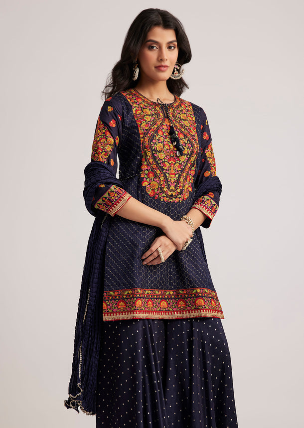 Navy Blue Silk Sharara Set