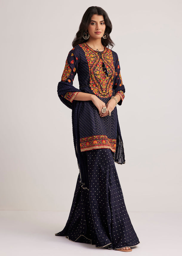 Navy Blue Silk Sharara Set