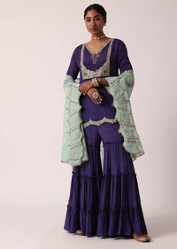 Navy Blue Silk Sharara Set With Zari Embroidery