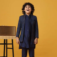 Navy Blue Silk Sherwani Set For Boys