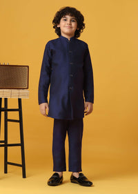 Navy Blue Silk Sherwani Set For Boys